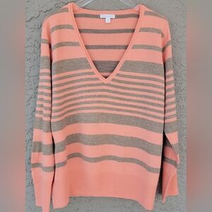 New York & Co deep V neck striped peach and methalic gold threads on gray XL